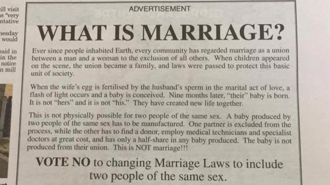 The anti same-sex marriage ad placed in Victoria’s Gippsland Times.