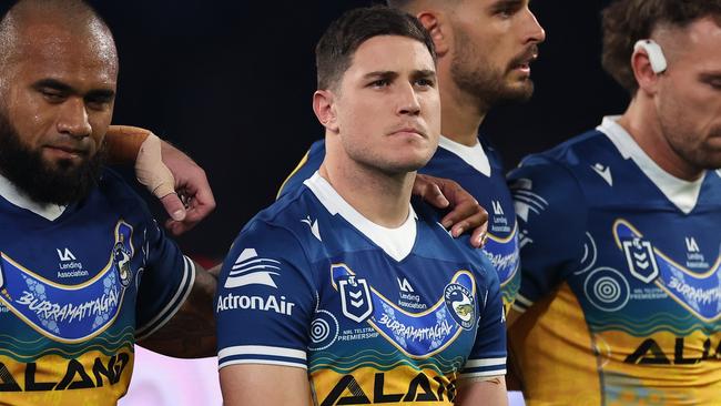 SYDNEY, AUSTRALIA - MAY 19: Mitchell Moses of the Eels and team mates line up during the round 12 NRL match between South Sydney Rabbitohs and Parramatta Eels at Allianz Stadium on May 19, 2023 in Sydney, Australia. (Photo by Cameron Spencer/Getty Images)