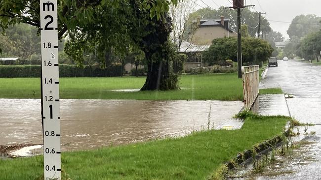 Mittagong Creek is set to spill over the causeway at Rose Street, which a sign warns is prone to flooding. Picture: Adelaide Lang