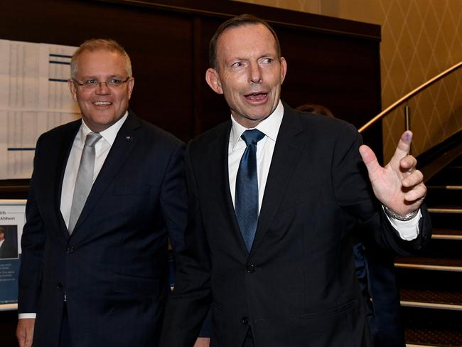 Australian Prime Minister Scott Morrison and former Prime Minister Tony Abbott arrive for a tribute dinner at the Miramare Gardens in Sydney, Thursday, November 7, 2019. (AAP Image/Bianca De Marchi) NO ARCHIVING