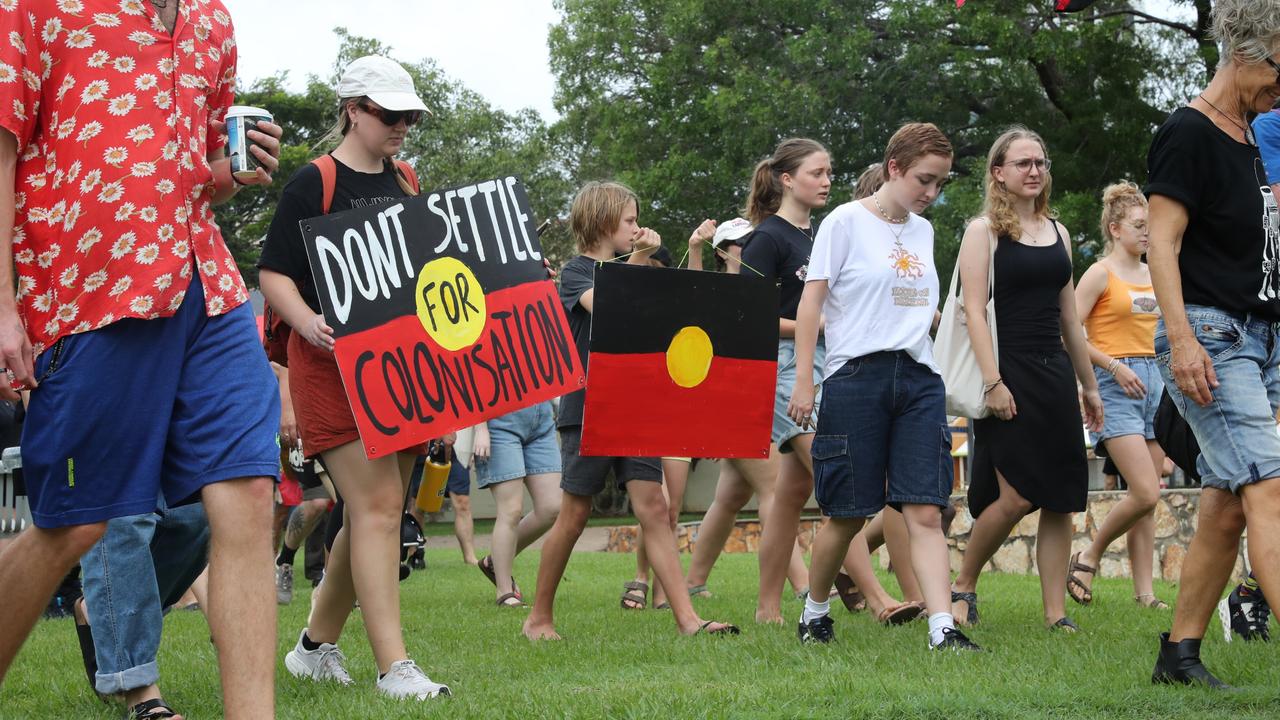 Hundreds of Territorians demonstrated on Invasion Day 2024 by marching from Civic Park through Darwin city on Friday, January 26. Picture: Zizi Averill