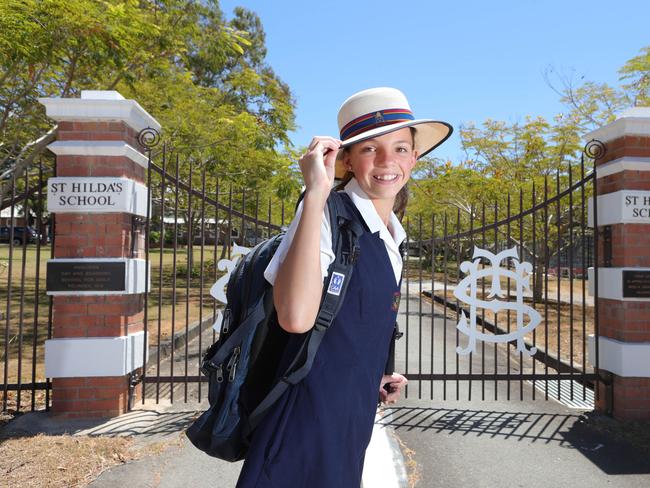 New border Jane Henning, 11, out the front of the St Hilda's,  her new school. Picture Glenn Hampson