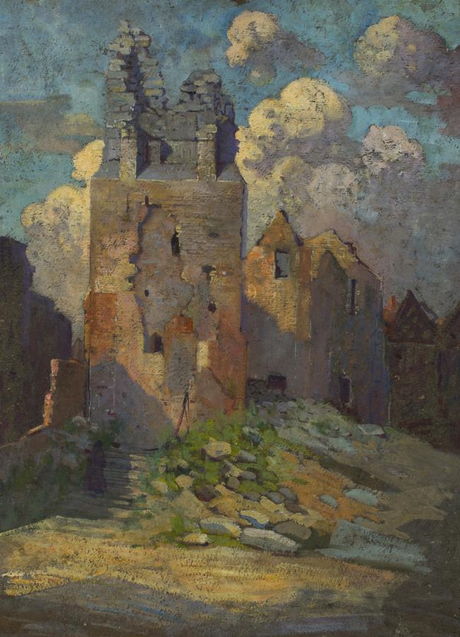 Ruined Church in Villers-Bretonneux, c. 1920, oil on thick grey card, by Evelyn Chapman. This painting appears in Intrepid Women exhibition at S.H. Ervin Gallery in Sydney.