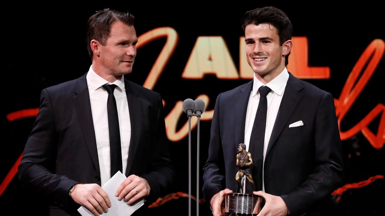 AFLPA boss Patrick Dangerfield and MVP Brayshaw on the AFL Awards stage. Picture: AFL Photos/Getty Images