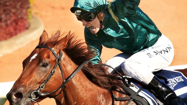 Blake Shinn celebrates after Capitalist’s runaway win in the Golden Slipper. Picture: Jenny Evans