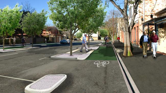 An artist’s impression of the Frome St bikeway, looking south along the Regent St section.