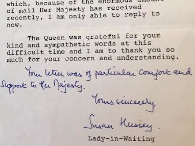 The letter from Buckingham Palace sent by the Queen to Gold Coast resident Carol Pearce.