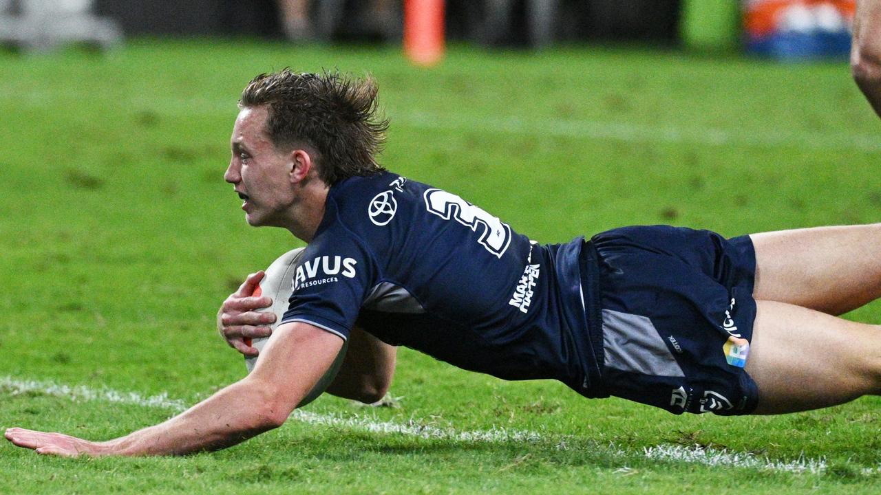 Jaxon Purdue scores the matchwinning try for the North Queensland Cowboys against Canterbury Bulldogs. Picture: NRL Imagery