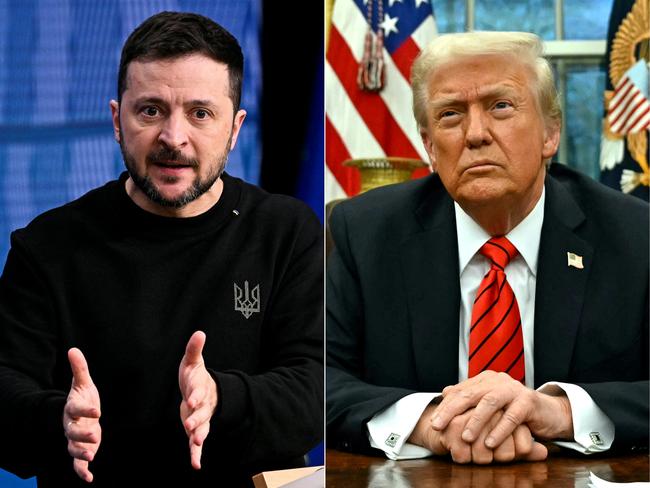 (COMBO) This combination of pictures created on February 19, 2025 shows, L-R, Ukraine's President Volodymyr Zelensky  in Brussels on December 19, 2024 and US President Donald Trump in Washington, DC, on February 10, 2025. US President Donald Trump called Ukrainian leader Volodymyr Zelensky a "dictator without elections" on February 19, 2025, stepping up his attacks as tensions soar between Kyiv and Washington. (Photo by JOHN THYS and ANDREW CABALLERO-REYNOLDS / AFP)