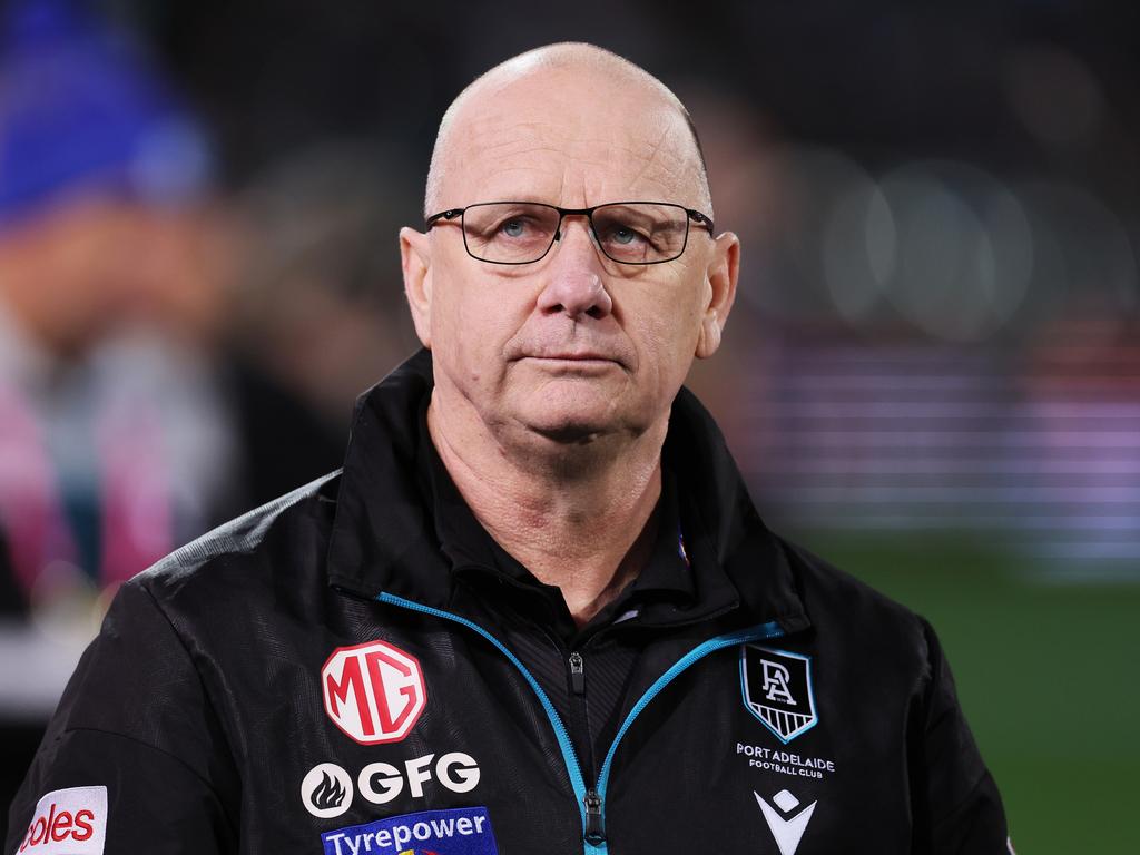 ADELAIDE, AUSTRALIA – JUNE 15: Ken Hinkley, Senior Coach of the Power during the 2023 AFL Round 14 match between the Port Adelaide Power and the Geelong Cats at Adelaide Oval on June 15, 2023 in Adelaide, Australia. (Photo by James Elsby/AFL Photos via Getty Images)