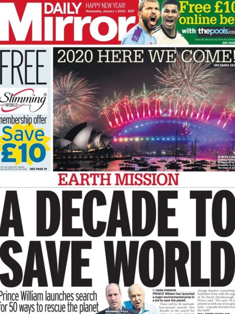 Front page of Daily Mirror in the UK shows the Sydney fireworks.