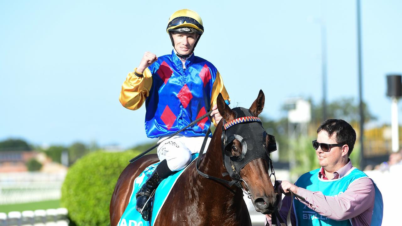 Supplied Editorial Cifrado and Damien Thornton survive a protest hearing to win the $1m
 Sires' Produce at Eagle Farm. Picture: Grant Peters - Trackside Photography