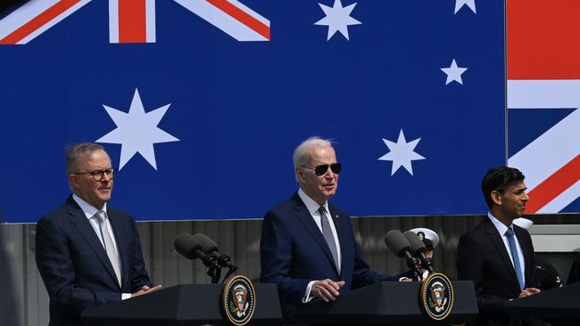 Anthony Albanese, left, Joe Biden and Rishi Sunak at Naval Base Point Loma in San Diego, California, on Tuesday. Picture: Getty Images