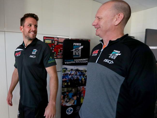 Travis Boak and coach Ken Hinkley pictured together in 2018. Picture: Tait Schmaal