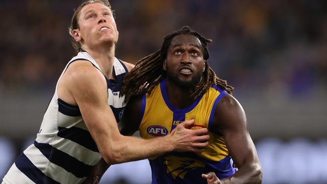 Nic Naitanui dominated the ruck duels for the Eagles on Saturday night against the Cats. Picture: Getty Images