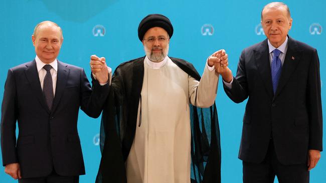 (From left) Russian President Vladimir Putin, Iranian President Ebrahim Raisi and Turkish President Recep Tayyip Erdogan meet in Tehran. Picture: AFP