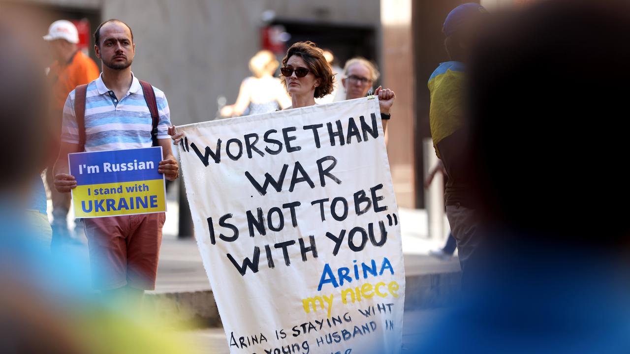‘Worse than war is not to be with you – Arina, my niece’, read one of the signs at Tuesday’s anti-war rally. Picture: NCA NewsWire / Damian Shaw