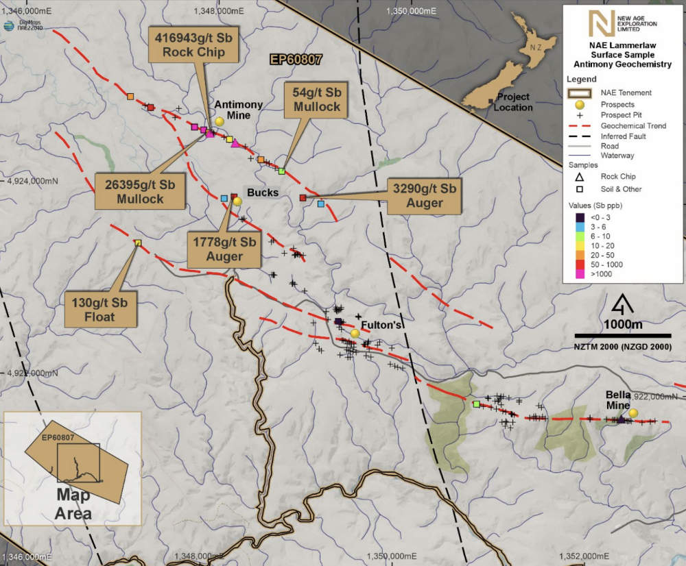 Compiled antimony in soil samples collected over historical mineralisation. Pic: New Age Exploration