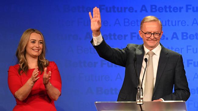 Anthony Albanese delivers his victory speech alongside his partner Jodie Haydon on May 21, 2022. Picture: Getty Images