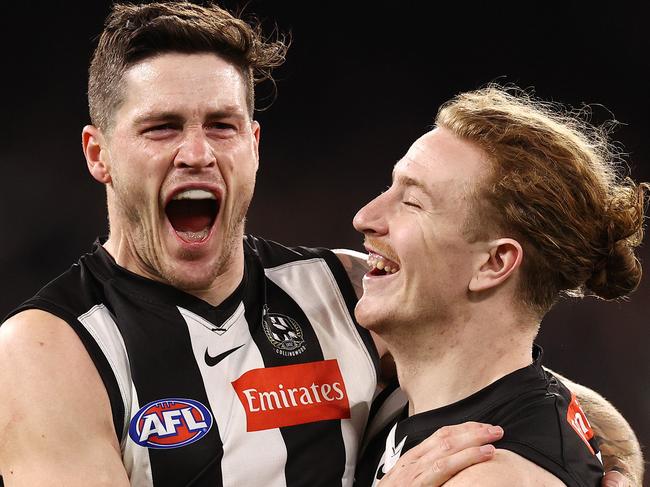 MELBOURNE . 09/09/2022. AFL. 1st Semi Final. Collingwood vs Fremantle at the MCG.   Jack Crisp of the Magpies celebrates a 4th quarter goal   . Picture by Michael Klein