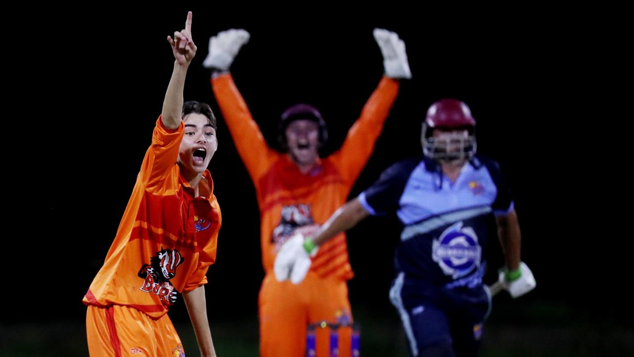 Barrier Reef Big Bash Game 1: Badgers v Hurricanes at Griffiths Park. Badgers bowler Aidan Beach and keeper Angus Warnock successfully appeal the LBW wicket of Hurricanes' Barry Weare. Picture: Stewart McLean