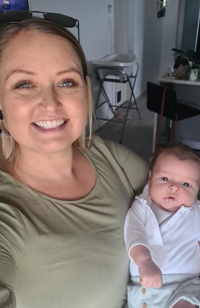 Amy Puddy, 32, with baby Nate Andersen who was born at Mackay Base Hospital on March 23, 2021. Ms Puddy says her artery was cut during a caesarean. Picture: Contributed