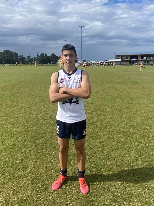 Mountain Creek young gun Tahi McCulloch rests up before playing in the AFLQ Secondary Schools Cup at Maroochydore.