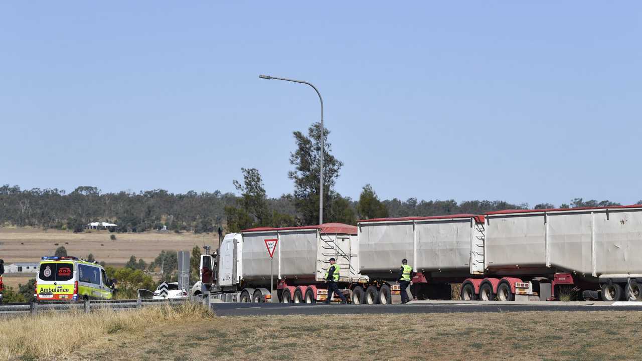 A motorist died after their car collided with a truck at the intersection of Toowoomba Rd and the Warrego Highway, on May 3. Picture: Kevin Farmer