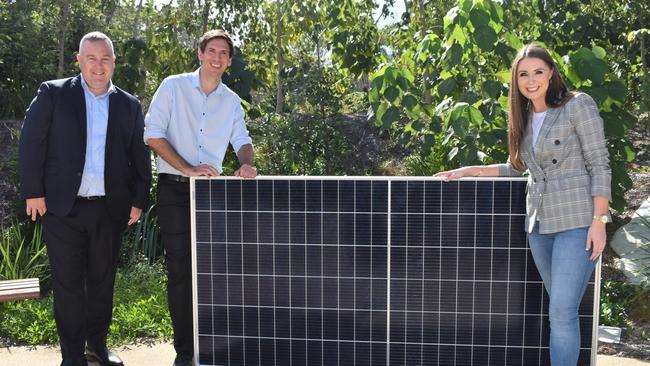 Heath Jamieson from Next Generation Electrical with Member for Bundaberg Tom Smith and Environment Minister Meaghan Scanlon at Mon Repos.