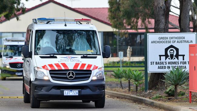 An ambulance outside St Basil's Home for the Aged in Victoria. Picture: Nicki Connolly