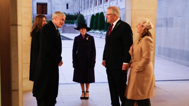 Christine Simpson, Chairman of the Australian War Memorial Kerry Stokes, Linda Hurley, Prime Minister Scott Morrison and Jenny Morrison at the conclusion of the Anzac Day commemorative service at the Australian War Memorial in Canberra. Picture: AAP