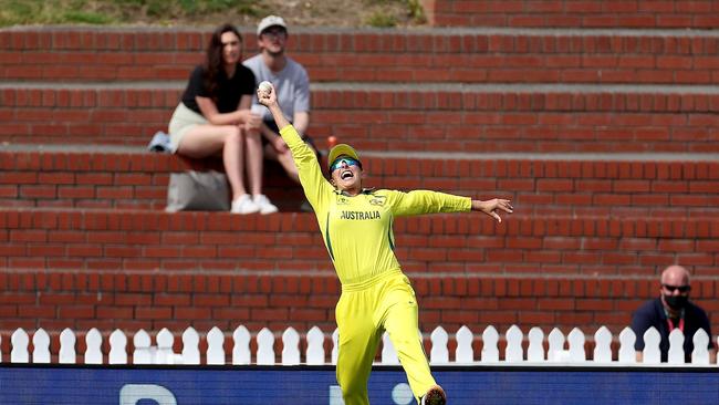 Ashleigh Gardner takes a stunning catch at the World Cup. Picture: AFP