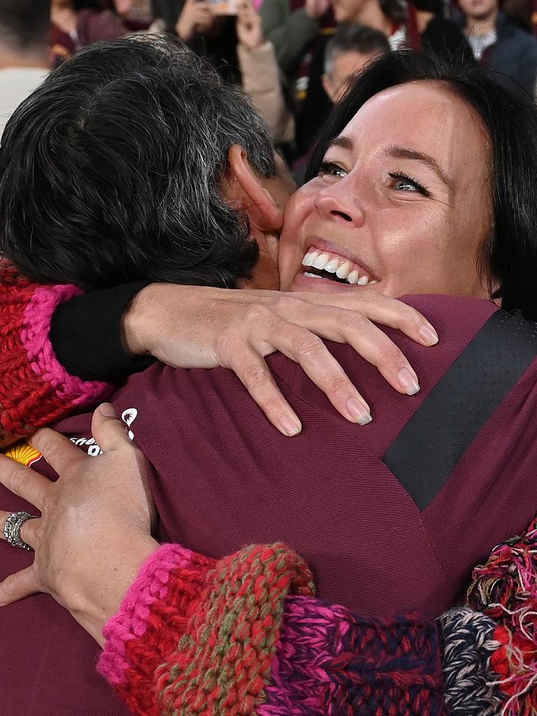 Billy Slater embraces his wife Nicole following the game. (Photo by Bradley Kanaris/Getty Images)