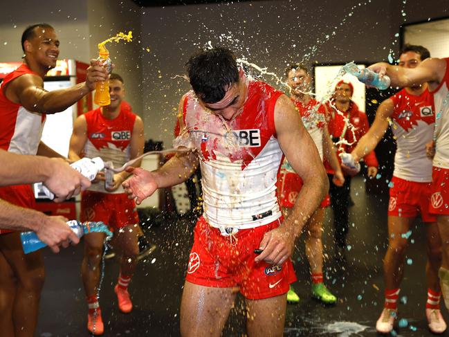 Sydney's Caiden Cleary is showered in sports drink on debut after the win during the Round 15 AFL Sydney Derby between the GWS Giants and Sydney Swans at Engoe Stadium on June 22, 2024. Photo by Phil Hillyard(Image Supplied for Editorial Use only - **NO ON SALES** - Â©Phil Hillyard )