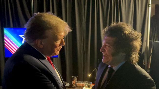 Argentina’s President Javier Milei is one of the lucky few foreign leaders on whom Trump smiles. They two are pictured at a CPAC meeting in 2024, in Maryland, US. Picture: AFP