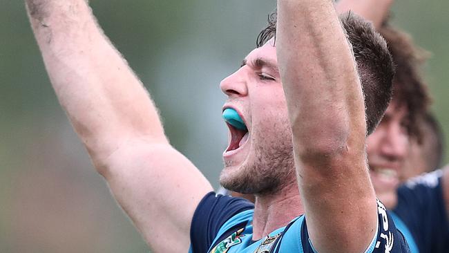 GLADSTONE, AUSTRALIA — APRIL 08: Jai Arrow of the Titans celebrates his winning try during the round five NRL match between the Gold Coast Titans and the Manly Sea Eagles at Marley Brown Oval on April 8, 2018 in Gladstone, Australia. (Photo by Jono Searle/Getty Images)