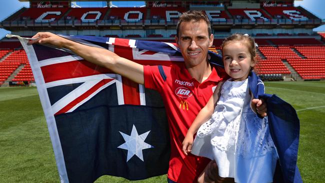 Adelaide United captain Isaias became an Australian citizen with his daughter Vega at a ceremony at Hindmarsh Stadium after five years with the Reds in January 2019. Picture: AAP Image/ Brenton Edwards