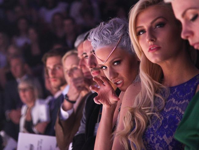 Imogen Anthony, Erin Holland and Kate Peck sit front row during Mercedes-Benz Fashion Festival Sydney. Picture: Getty