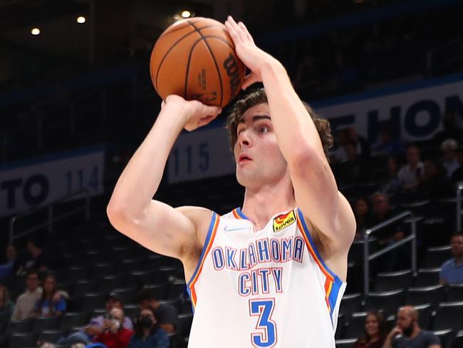 OKLAHOMA CITY, OK - OCTOBER 13: Josh Giddey #3 of the Oklahoma City Thunder shoots the ball during a preseason game against the Denver Nuggets on October 13, 2021 at Paycom Center in Oklahoma City, Oklahoma. NOTE TO USER: User expressly acknowledges and agrees that, by downloading and or using this photograph, User is consenting to the terms and conditions of the Getty Images License Agreement. Mandatory Copyright Notice: Copyright 2021 NBAE (Photo by Zach Beeker/NBAE via Getty Images)