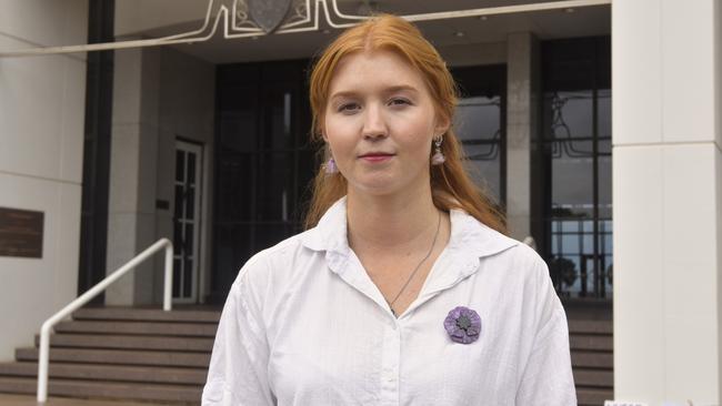 Domestic Violence Legal Service Managing Solicitor Zara O'Sullivan at the Darwin No More Violence rally at Parliament House, 2024. Picture: Sierra Haigh