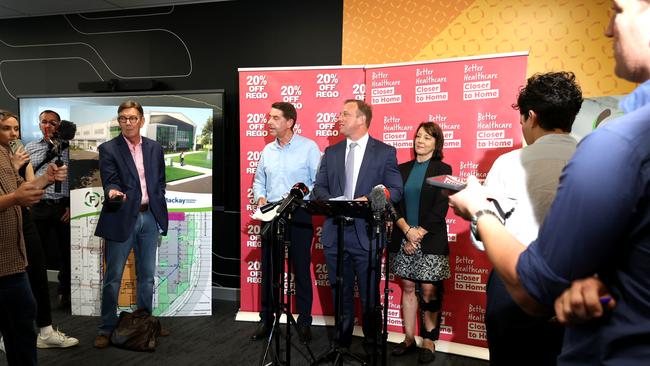 Queensland Premier Steven Miles, Deputy Premier Cameron Dick speaking at a press conference in Mackay also in attendance is local Labor candidate Belinda Hassan. Picture Adam Head