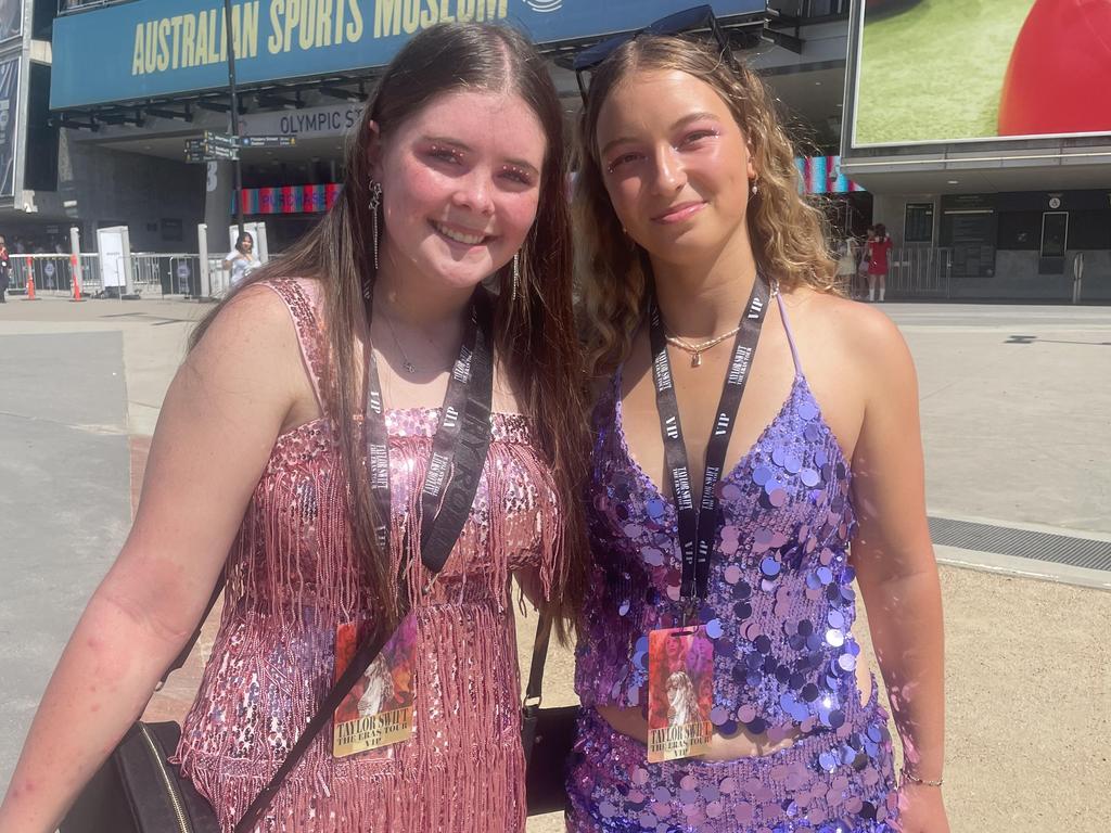 'Swifties' Maddie Howard and Darcey Isaac in their Taylor Swift outfits outside the MCG.