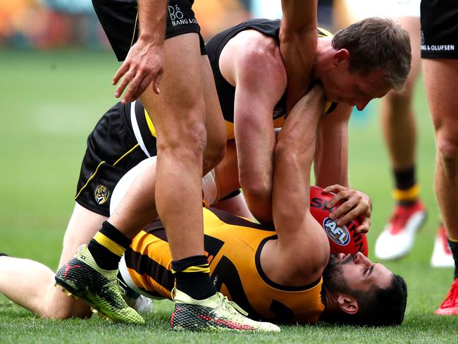 Dylan Grimes shows his physical tackling nature. Picture: Getty Images