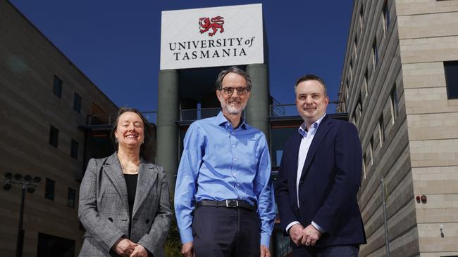 Professor Kristyn Harman chair of Academic Senate, Professor Rufus Black Vice Chancellor, Professor Nicholas Farrelly Pro Vice Chancellor (southern Tasmania) at the UTAS Sandy Bay campus. University of Tasmania will reveal its shift in planning for the future of city and Sandy Bay campuses. Picture: Nikki Davis-Jones