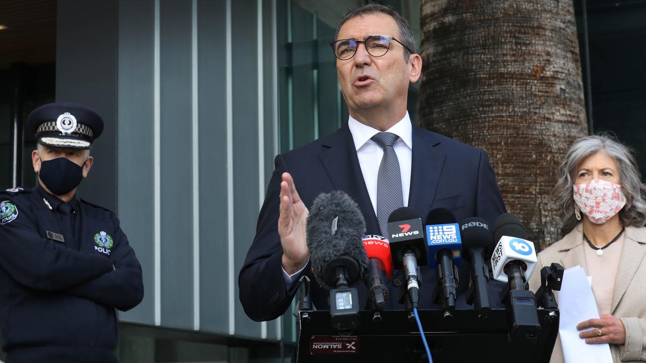 SA Premier Steven Marshall speaks to the media with Professor Nicola Spurrier, Police Commissioner Grant Stevens. Picture: Dean Martin