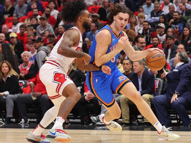 Josh Giddey (right) in action for the Oklahoma City Thunder. Giddey is being routinely booed by opposition fans. Picture: Getty