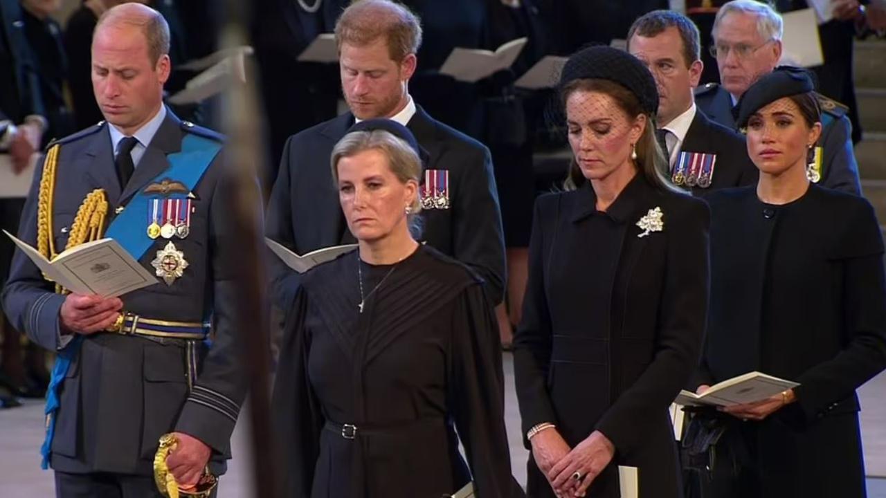 Prince William, Prince Harry, Kate Middleton and Meghan Markle stood together at the service for her Majesty at Westminster Hall. Picture: BBC