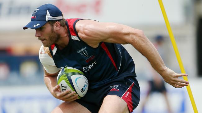 Melbourne Rebels training at Visy Park, Dom Shipperley during a training drill. Melbourne. 11th February 2015. Picture: Colleen Petch.