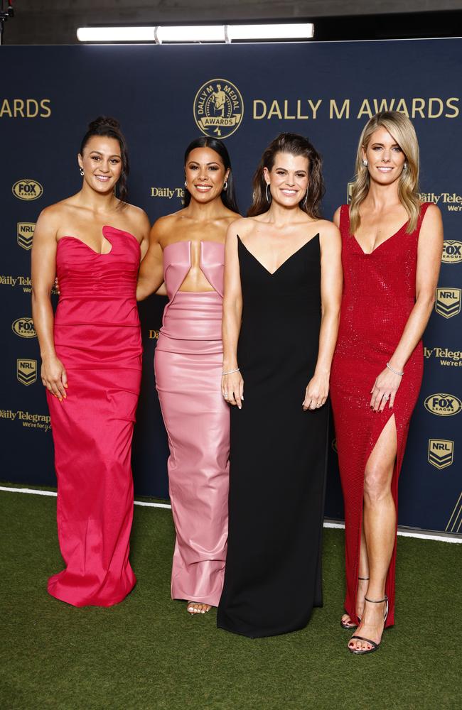 Tiana Penitani, Corban Baxter, Hannah Hollis and Lara Pitt on the red carpet for the 2024 Dally M Awards. Picture: Jonathan Ng