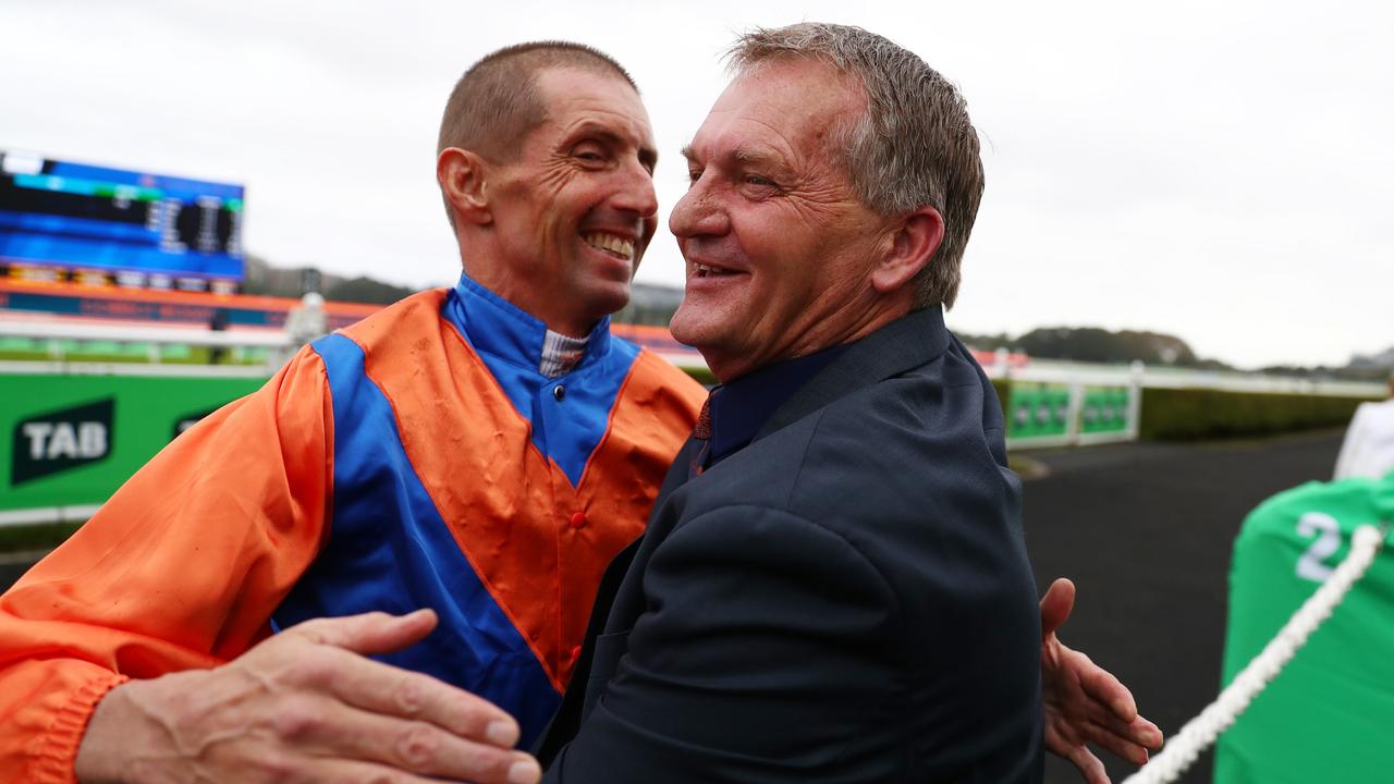 Trainer Kerry Parker celebrates after Nash Rawiller rode Think It Over to victory in the 2024 Verry Elleegant Stakes. Picture: Jeremy Ng / Getty Images